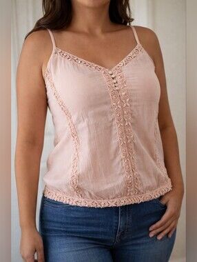 American Eagle Outfitters Women's Tank Top 100% Cotton Peach Crochet Pearl Large